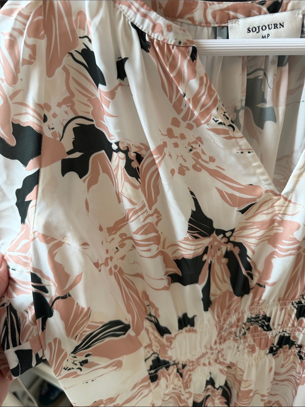 Floral V-Neck Smocked Waist Dress in Blush and Black - Picture 2 of 2